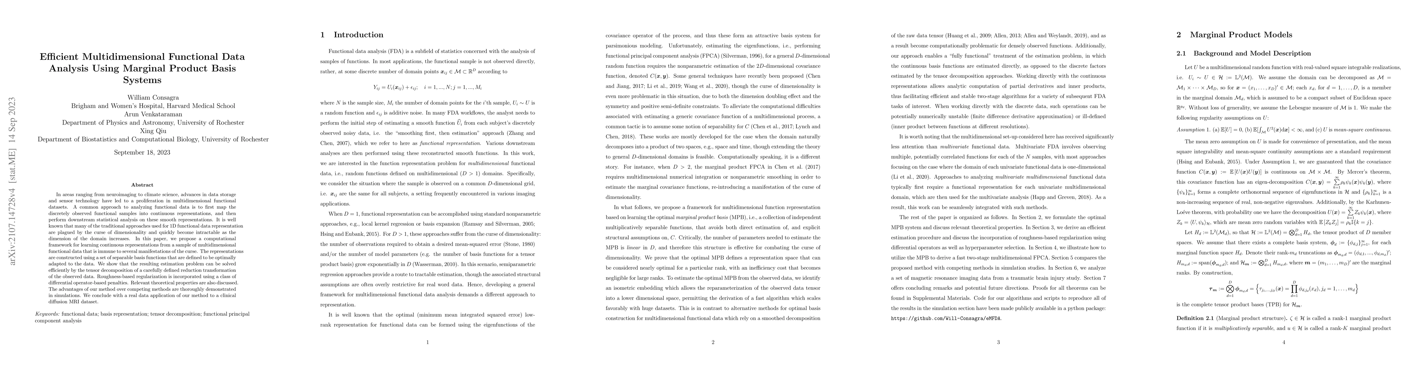 Thumbnail for Efficient Multidimensional Functional Data Analysis Using Marginal
  Product Basis Systems