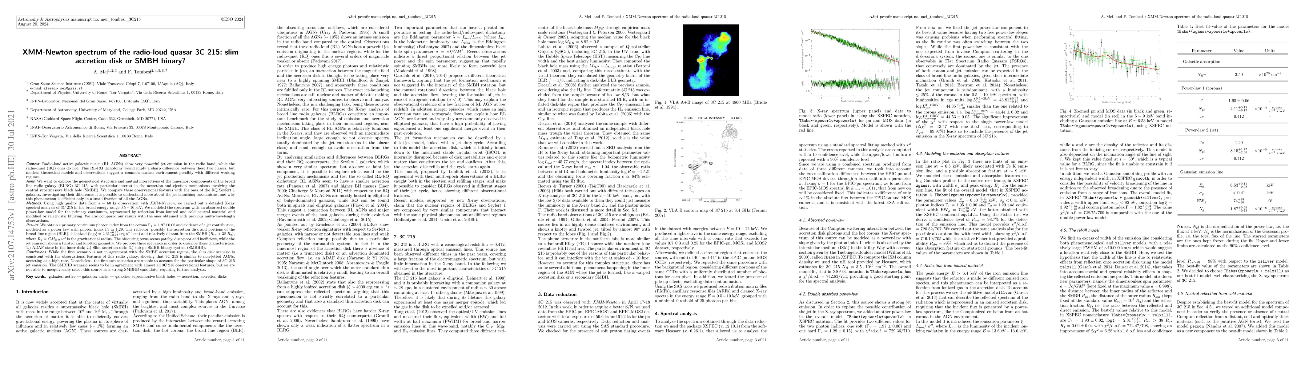 Thumbnail for XMM-Newton spectrum of the radio-loud quasar 3C 215: slim accretion disk
  or SMBH binary?