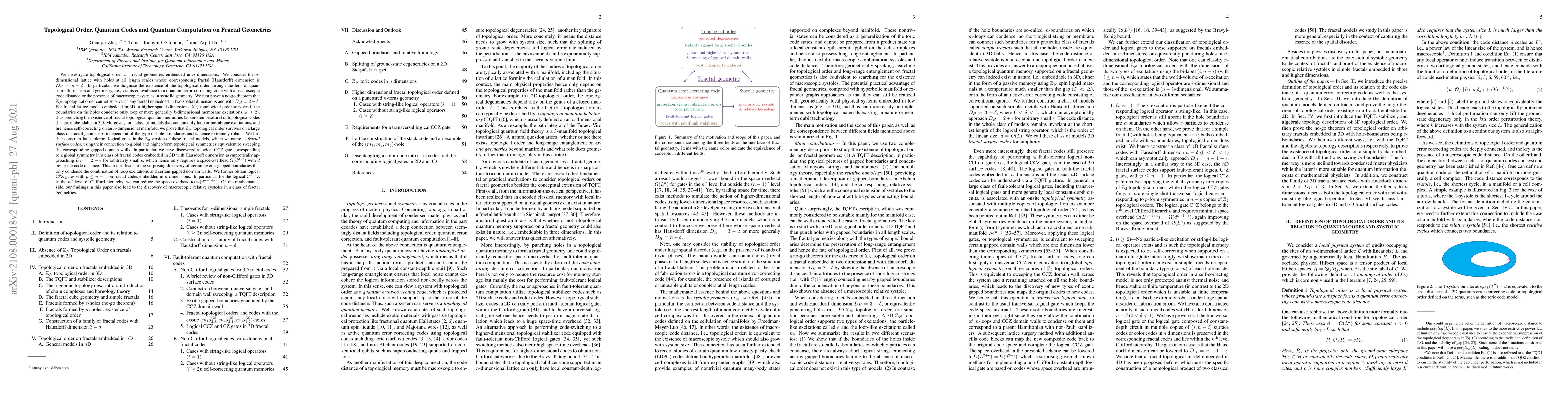 Thumbnail for Topological Order, Quantum Codes and Quantum Computation on Fractal
  Geometries