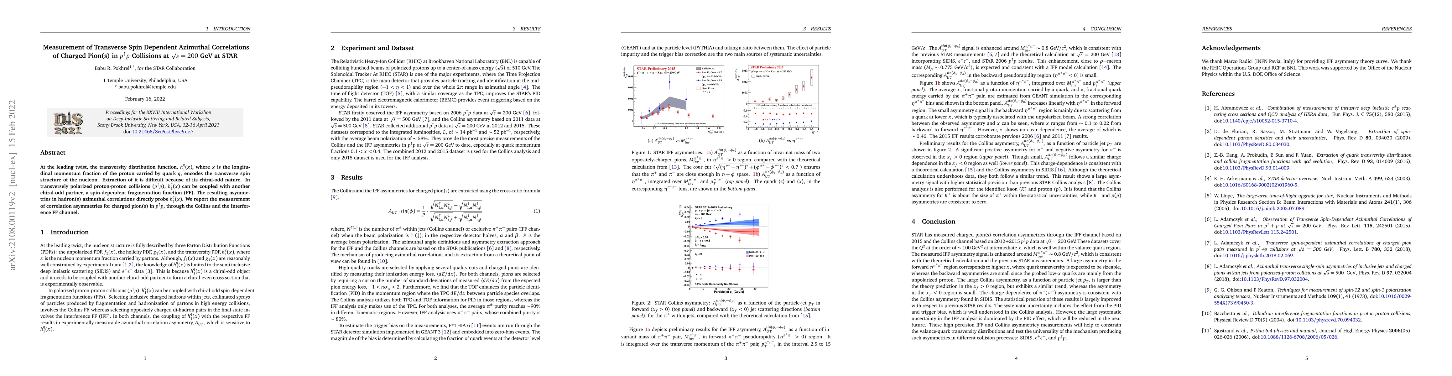 Thumbnail for Measurement of Transverse Spin Dependent Azimuthal Correlations of
  Charged Pion(s) in $p^{\uparrow} p$ Collisions at $\sqrt s = 200$ GeV at STAR