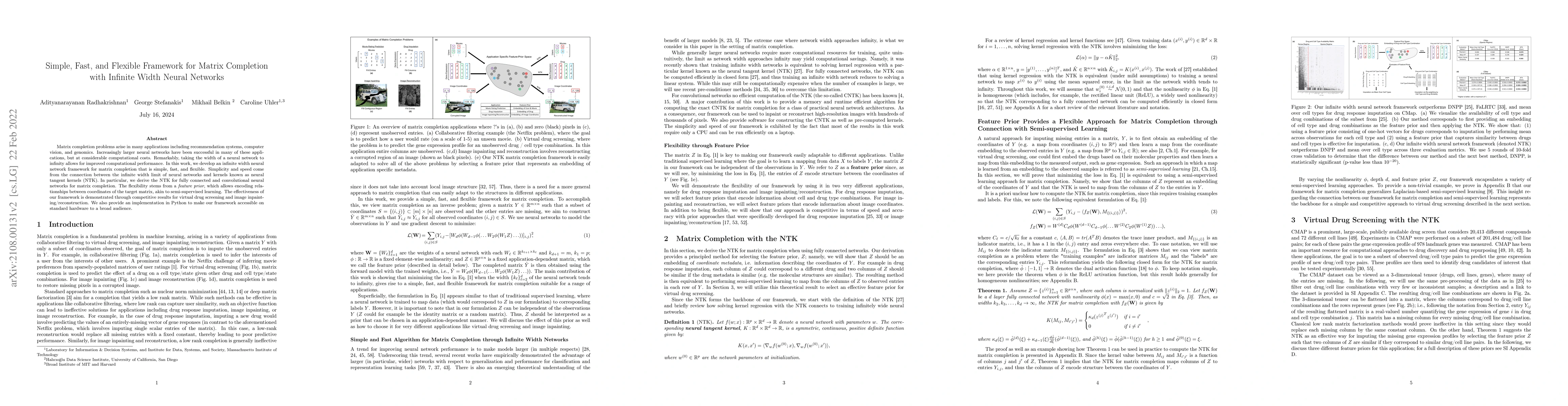 Thumbnail for Simple, Fast, and Flexible Framework for Matrix Completion with Infinite
  Width Neural Networks