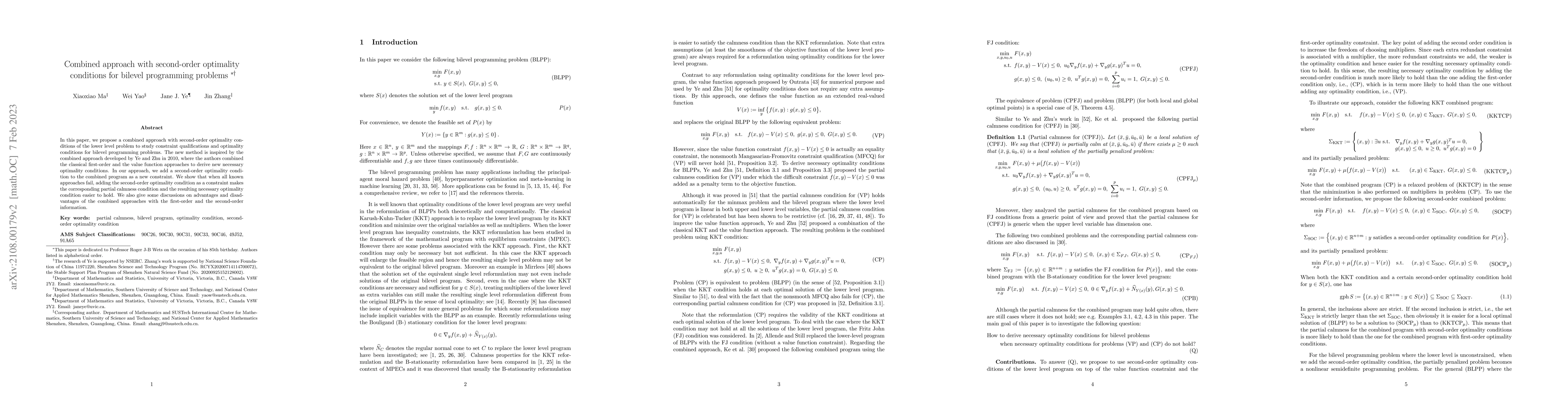 Thumbnail for Combined approach with second-order optimality conditions for bilevel
  programming problems