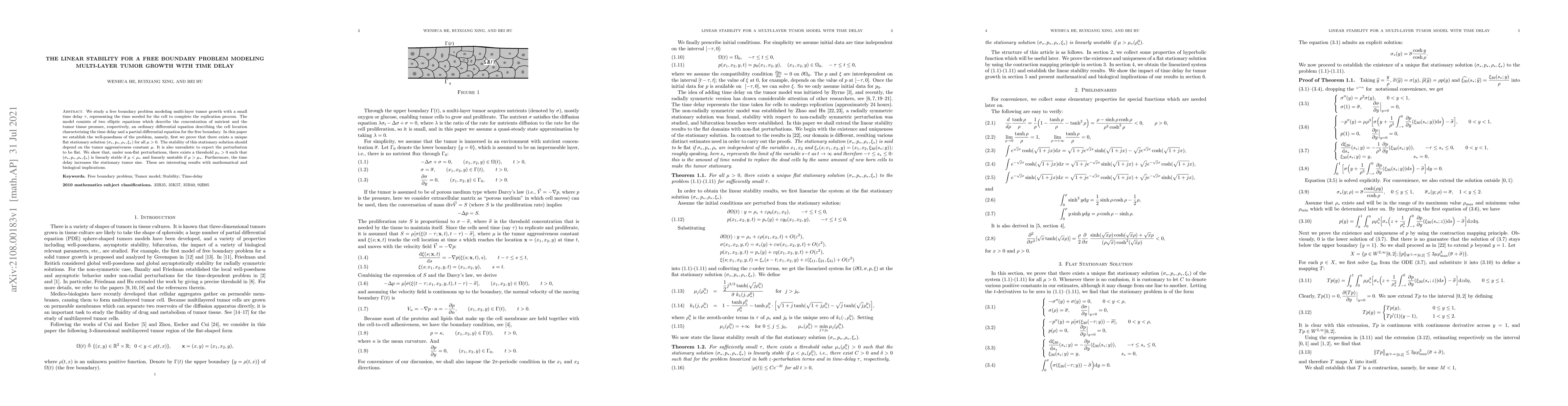 Thumbnail for The linear stability for a free boundary problem modeling multi-layer
  tumor growth with time delay