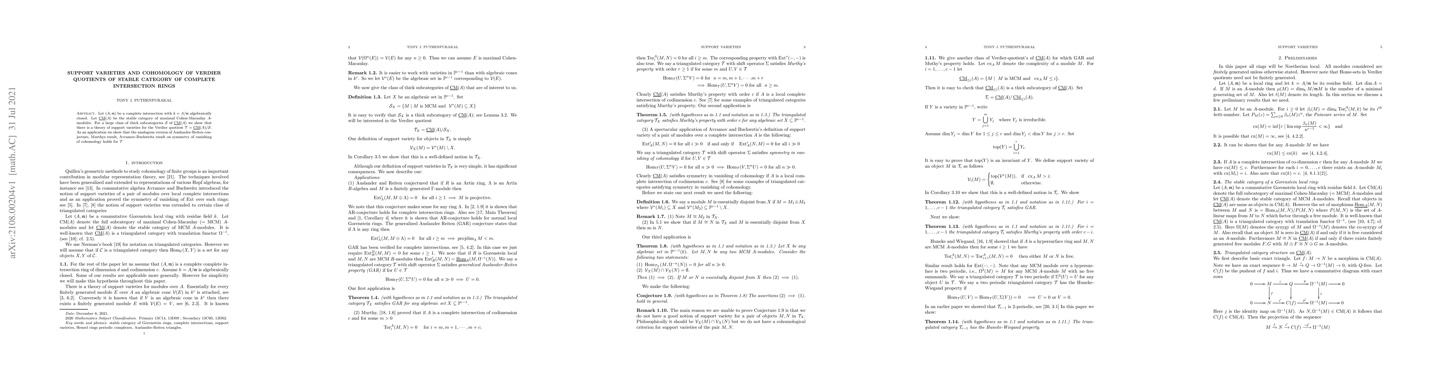 Thumbnail for Support Varieties and cohomology of Verdier quotients of stable category
  of complete intersection rings