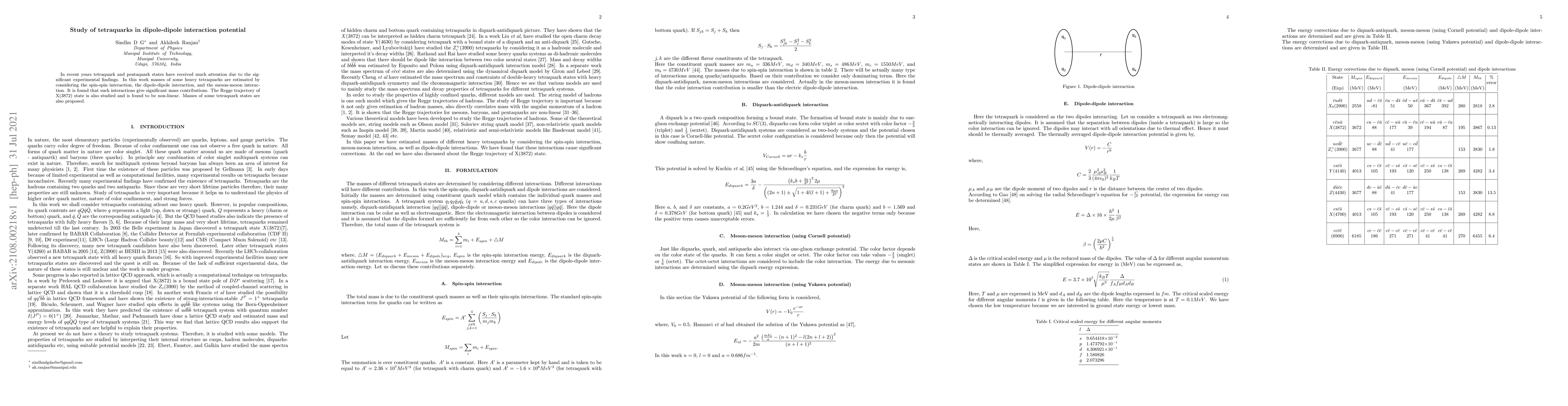 Thumbnail for Study of tetraquarks in dipole-dipole interaction potential