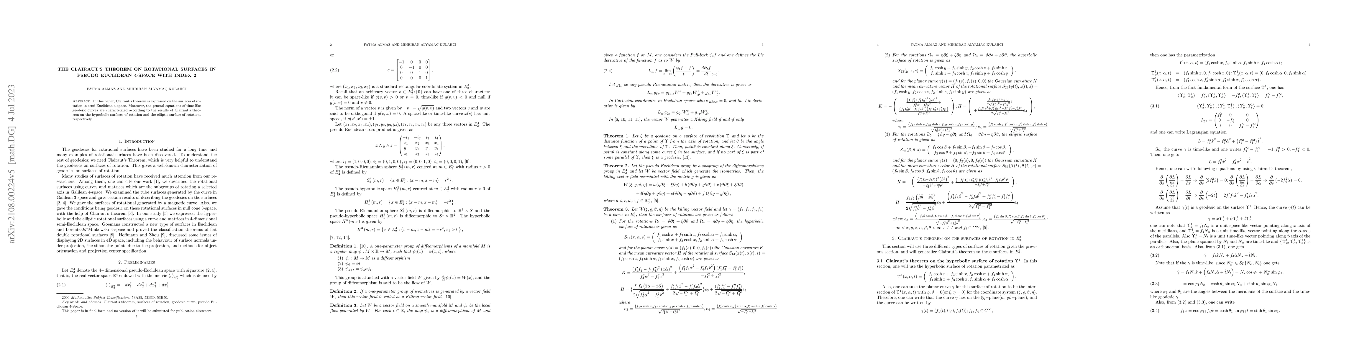 Thumbnail for The Clairaut's theorem on rotational surfaces in pseudo Euclidean
  4-space with index 2