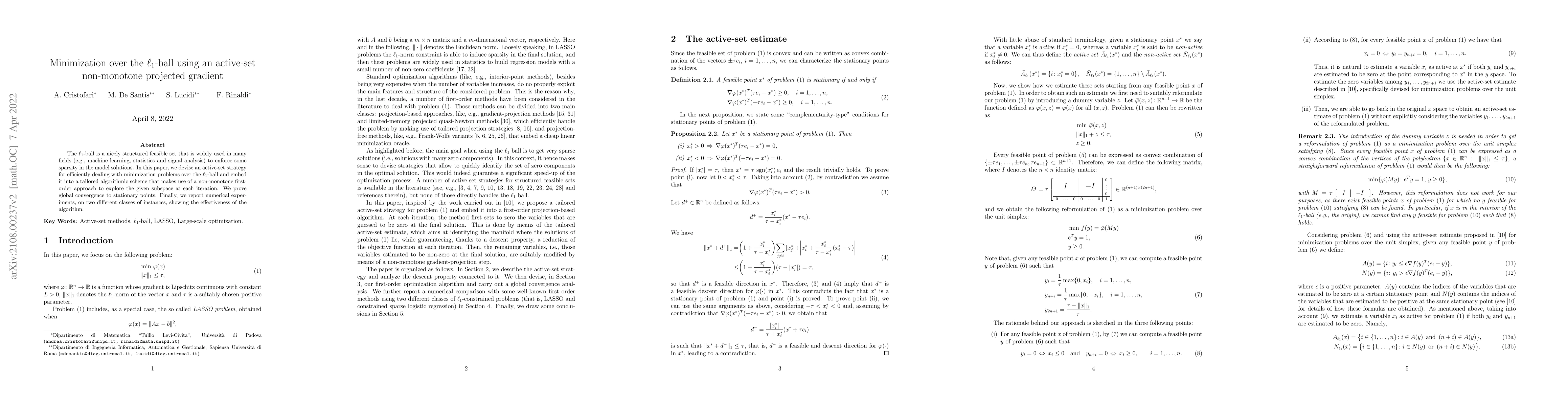 Thumbnail for Minimization over the l1-ball using an active-set non-monotone projected
  gradient