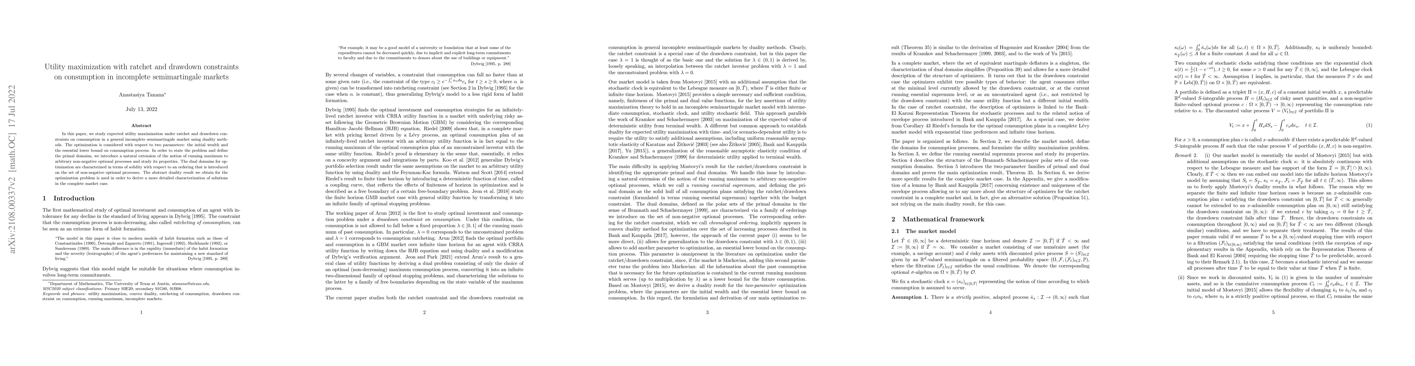 Thumbnail for Utility maximization with ratchet and drawdown constraints on
  consumption in incomplete semimartingale markets