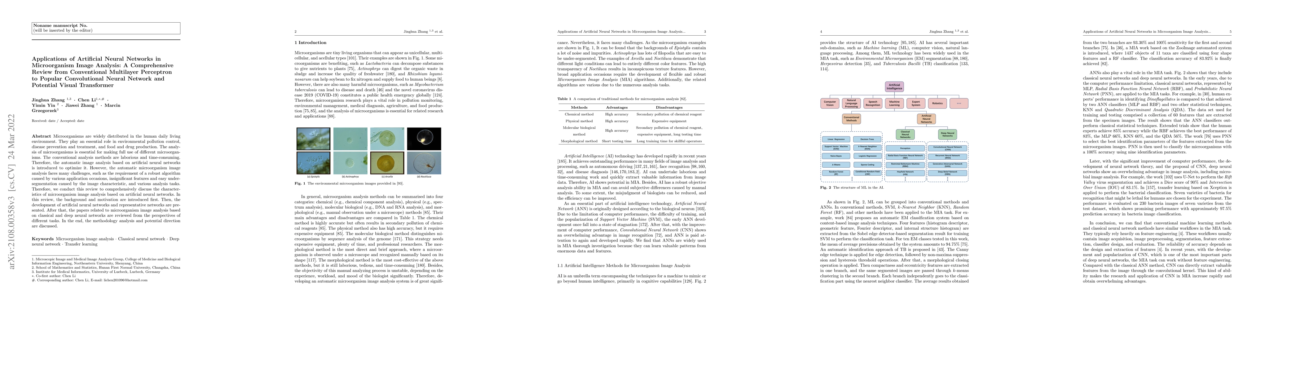 Thumbnail for Applications of Artificial Neural Networks in Microorganism Image
  Analysis: A Comprehensive Review from Conventional Multilayer Perceptron to
  Popular Convolutional Neural Network and Potential Visual Transformer