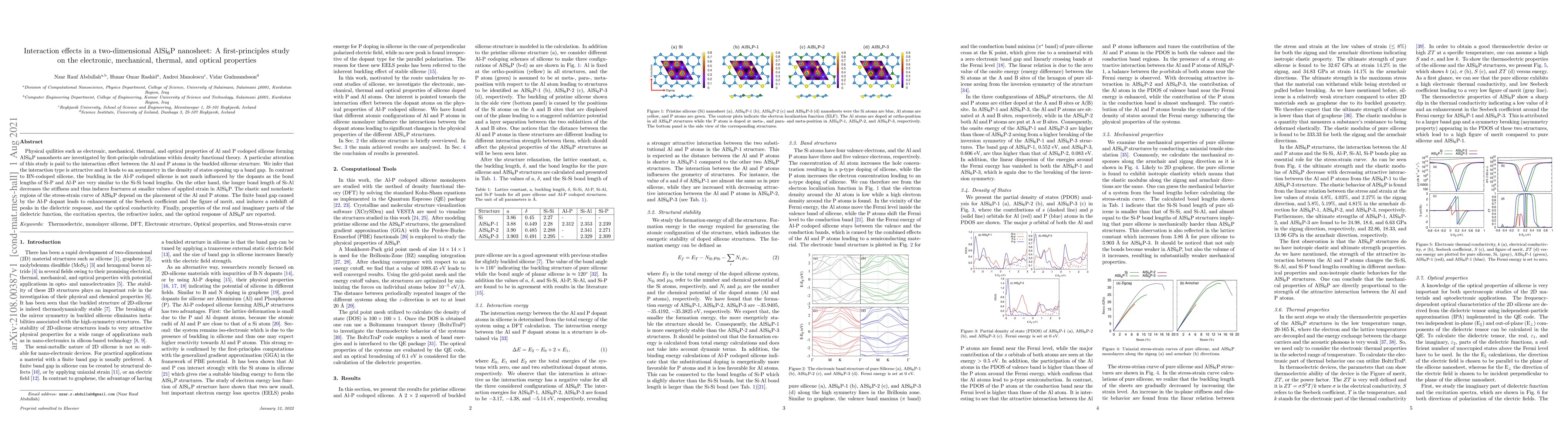 Thumbnail for Interaction effects in a two-dimensional AlSi$_6$P nanosheet: A
  first-principles study on the electronic, mechanical, thermal, and optical
  properties