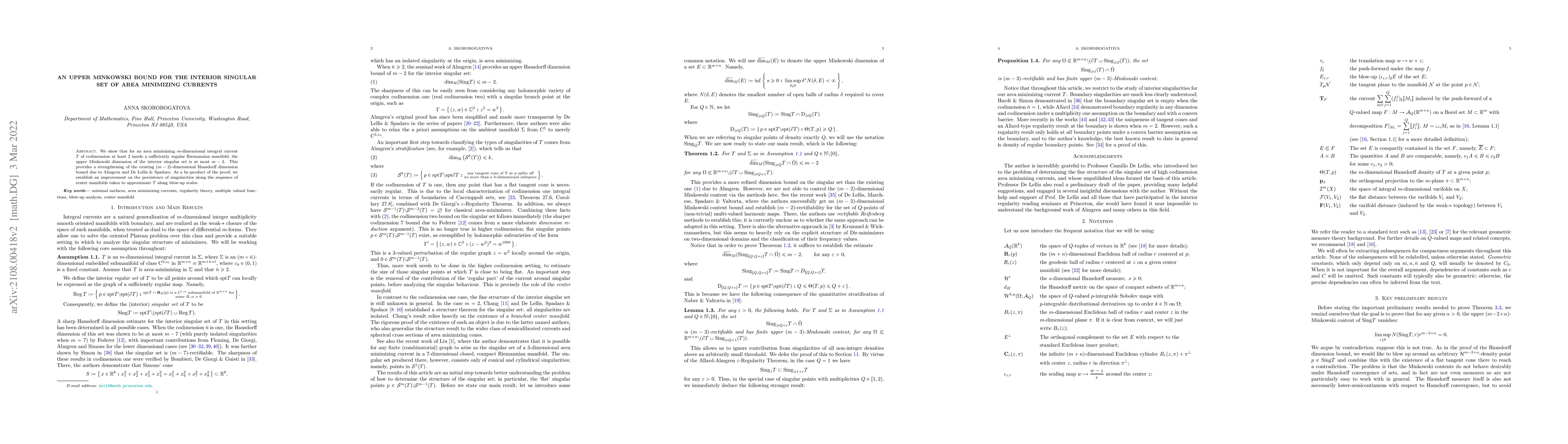 Thumbnail for An upper Minkowski bound for the interior singular set of area
  minimizing currents