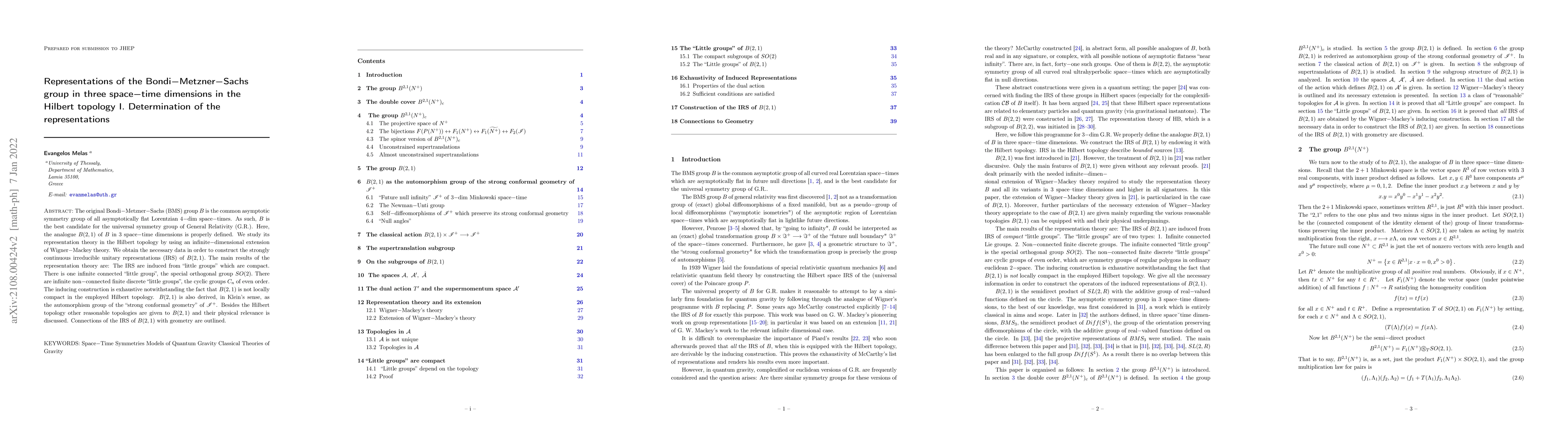 Thumbnail for Representations of the Bondi-Metzner-Sachs group in three space-time
  dimensions in the Hilbert topology I. Determination of the representations