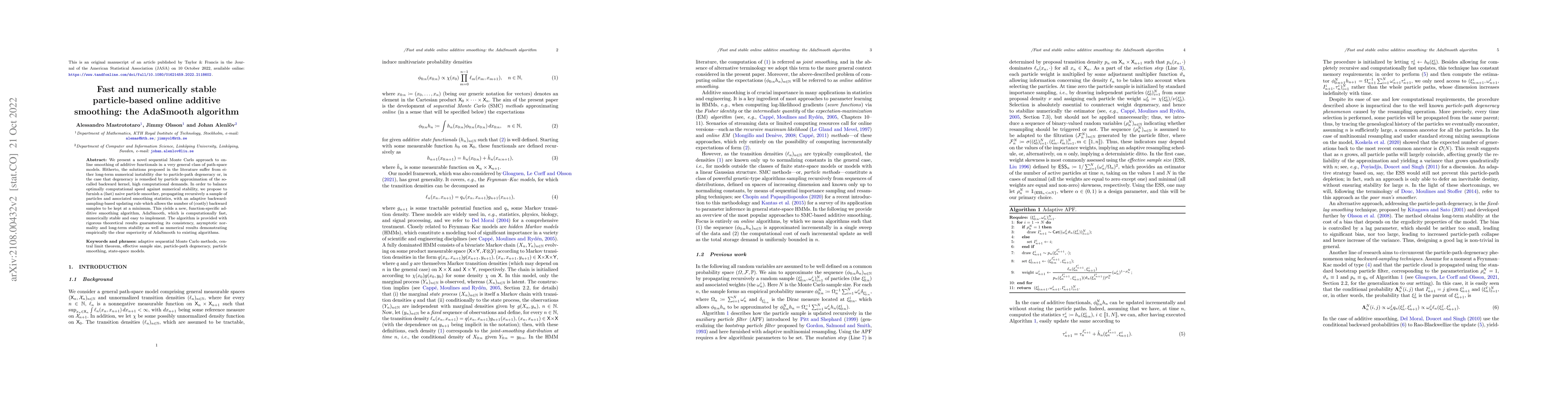 Thumbnail for Fast and numerically stable particle-based online additive smoothing:
  the AdaSmooth algorithm
