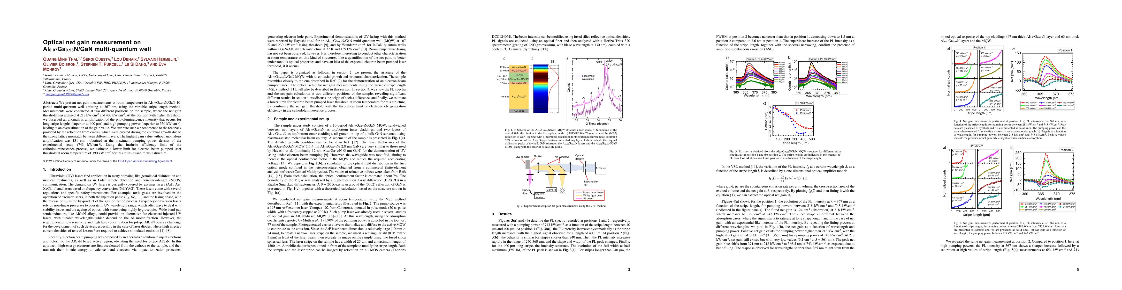 Thumbnail for Optical net gain measurement on Al$_{0.07}$Ga$_{0.93}$N/GaN
  multi-quantum well
