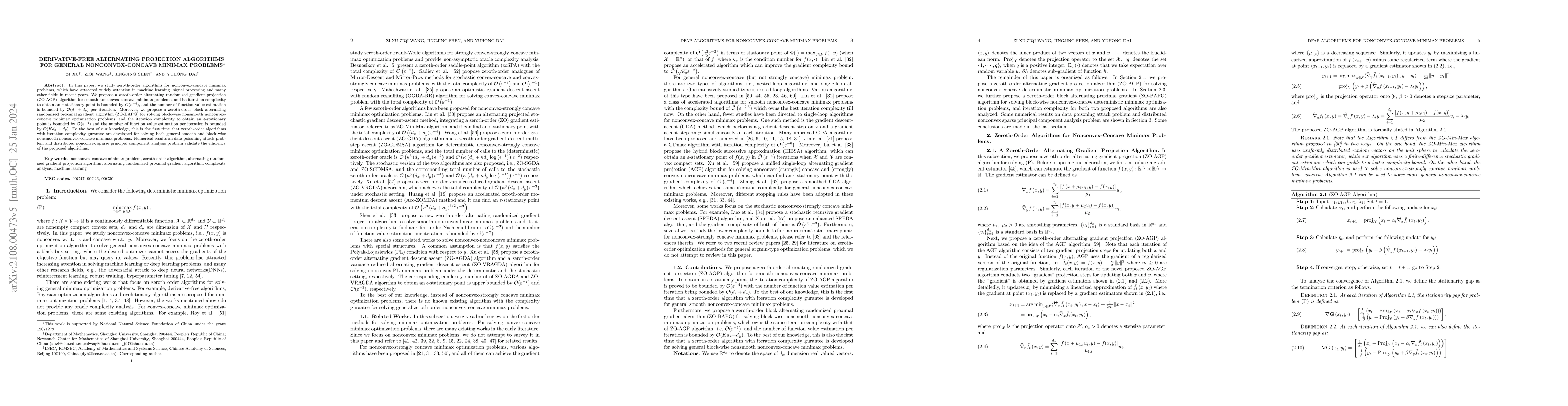 Thumbnail for Derivative-free Alternating Projection Algorithms for General
  Nonconvex-Concave Minimax Problems