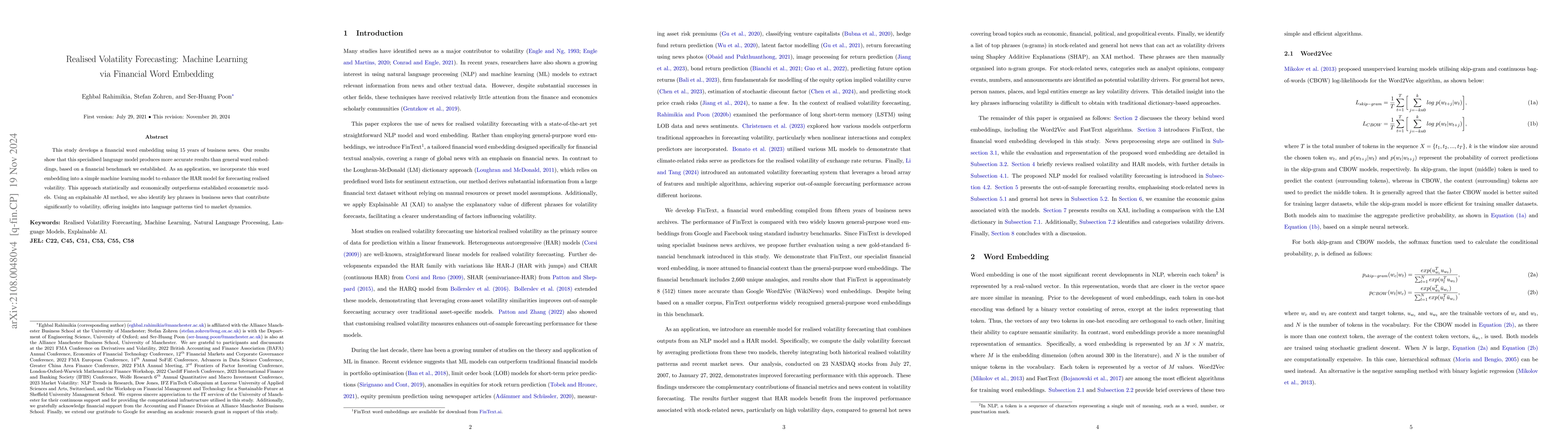Thumbnail for Realised Volatility Forecasting: Machine Learning via Financial Word
  Embedding