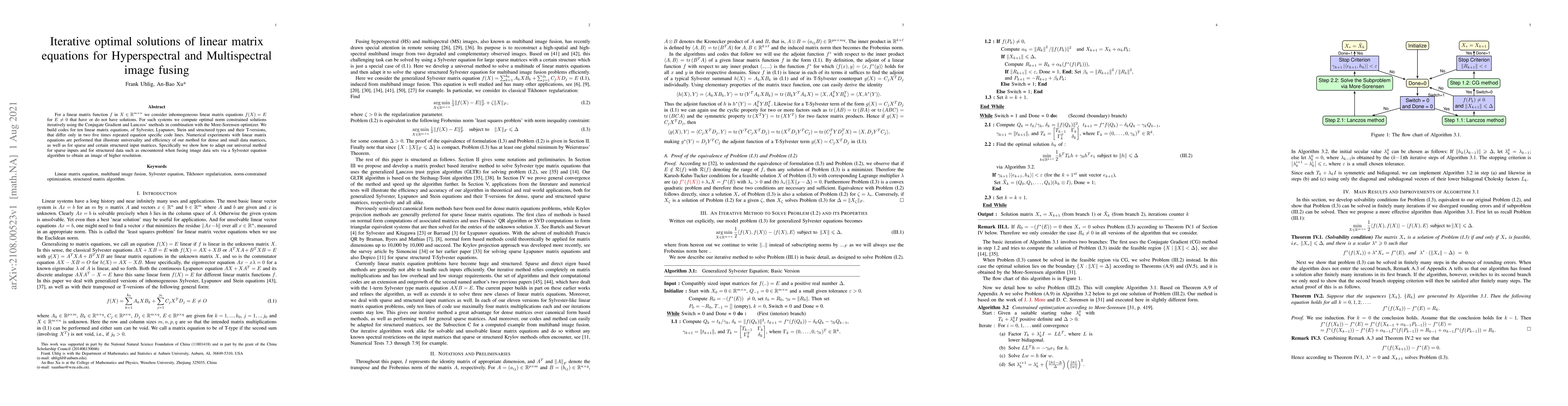 Thumbnail for Iterative optimal solutions of linear matrix equations for Hyperspectral
  and Multispectral image fusing