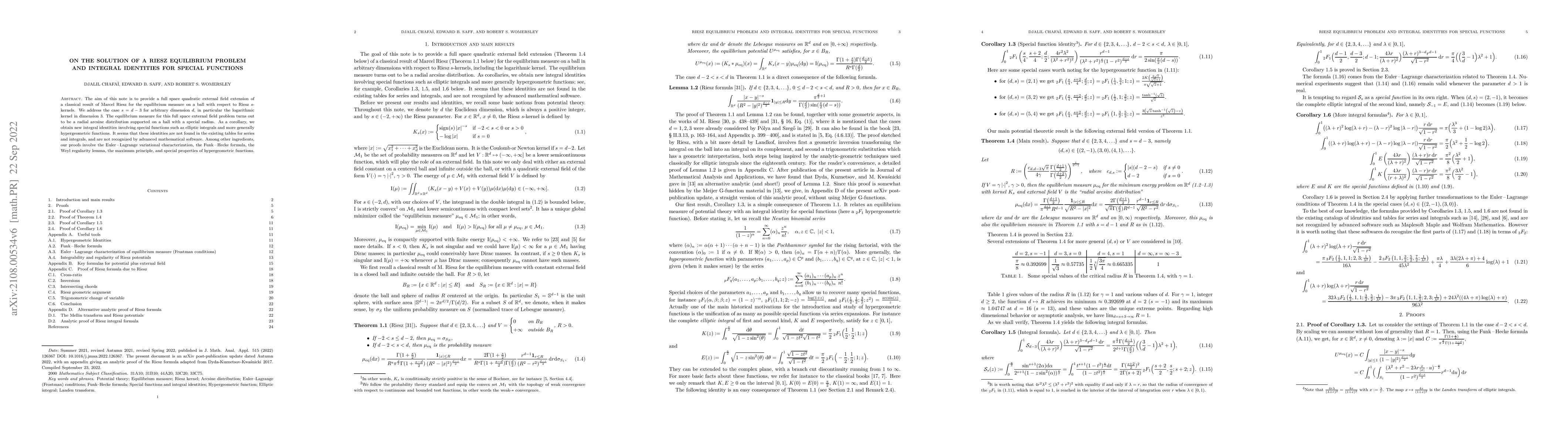 Thumbnail for On the solution of a Riesz equilibrium problem and integral identities
  for special functions