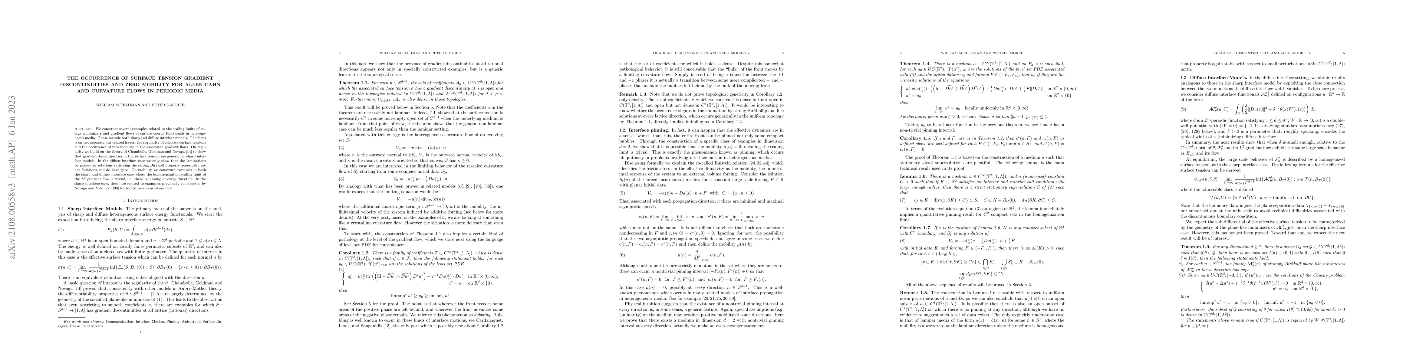 Thumbnail for The occurrence of surface tension gradient discontinuities and zero
  mobility for Allen-Cahn and curvature flows in periodic media