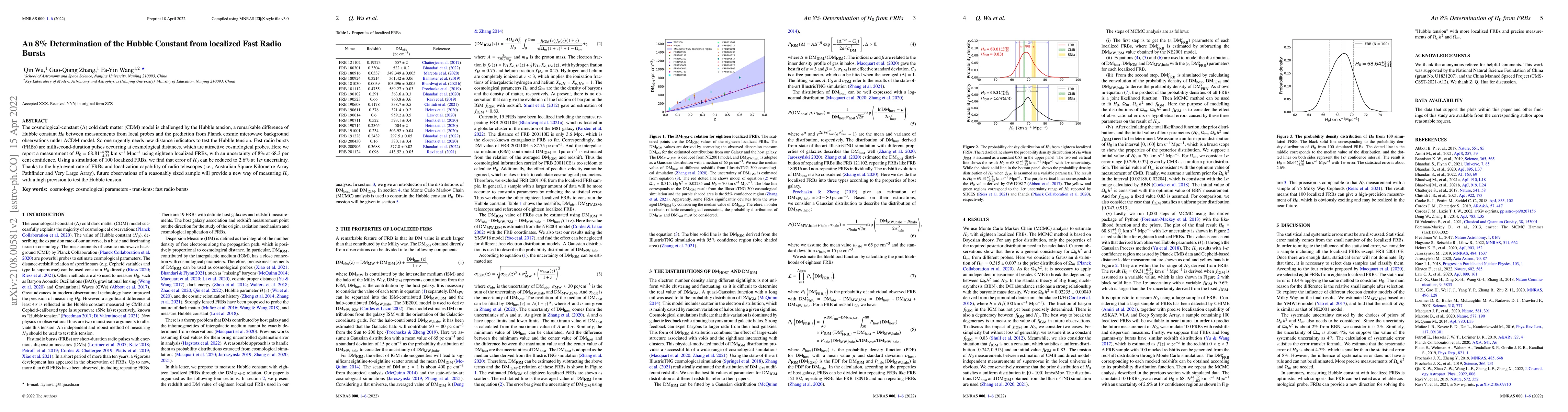Thumbnail for An 8\% Determination of the Hubble Constant from localized Fast Radio
  Bursts