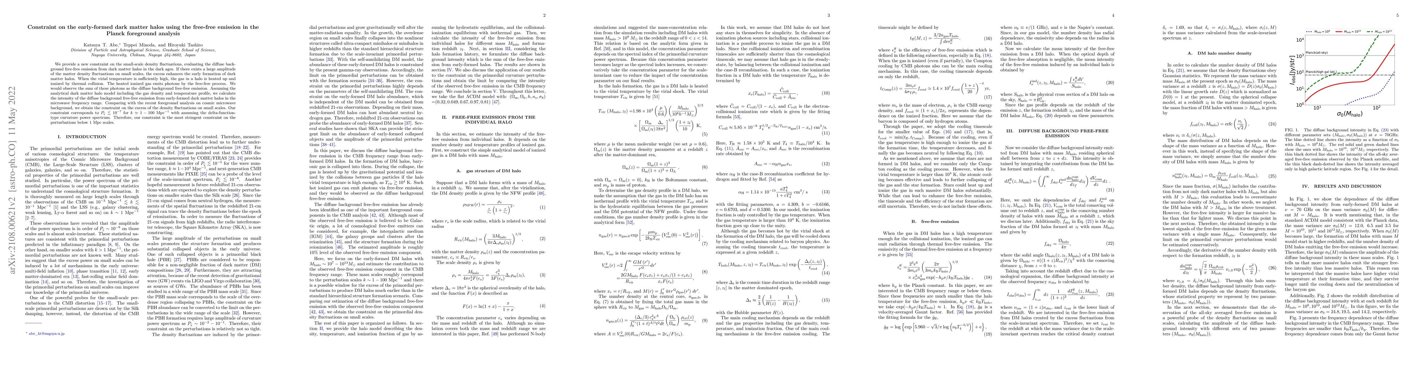 Thumbnail for Constraint on the early-formed dark matter halos using the free-free
  emission in the Planck foreground analysis