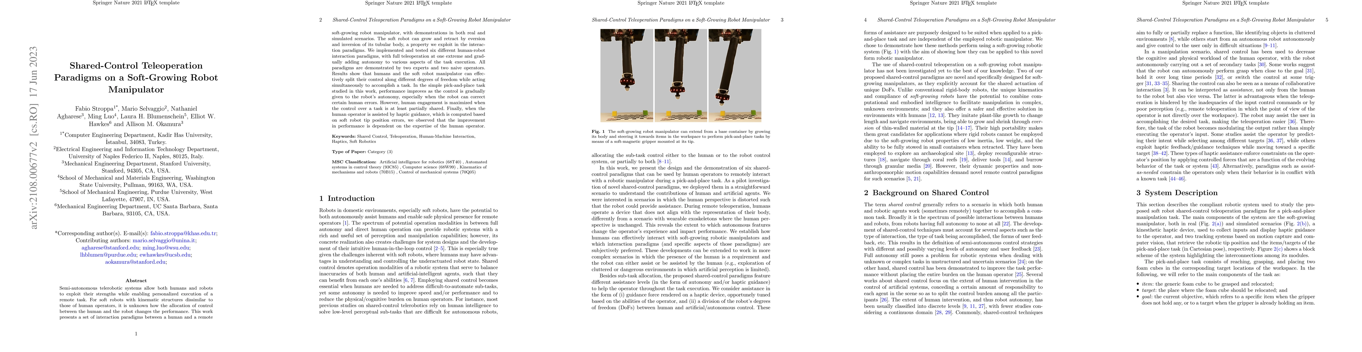 Thumbnail for Shared-Control Teleoperation Paradigms on a Soft Growing Robot
  Manipulator