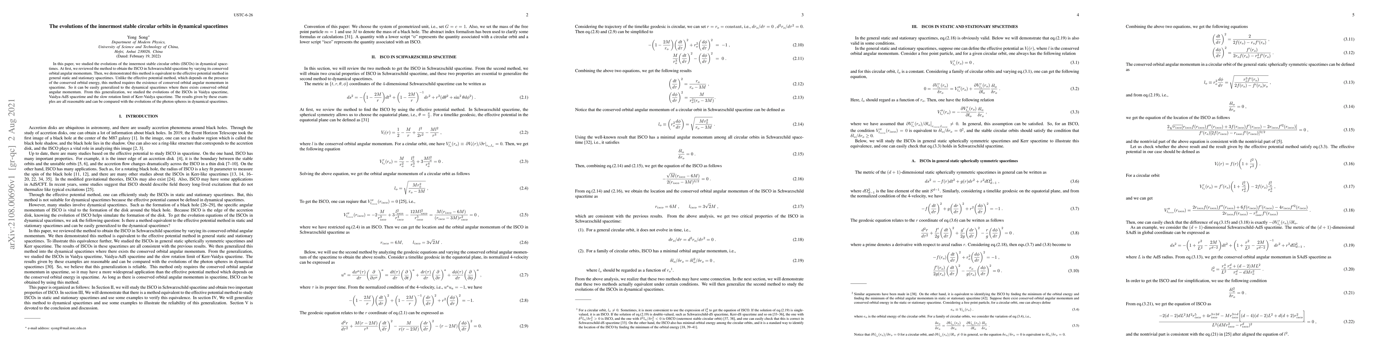 Thumbnail for The evolutions of the innermost stable circular orbits in dynamical
  spacetimes