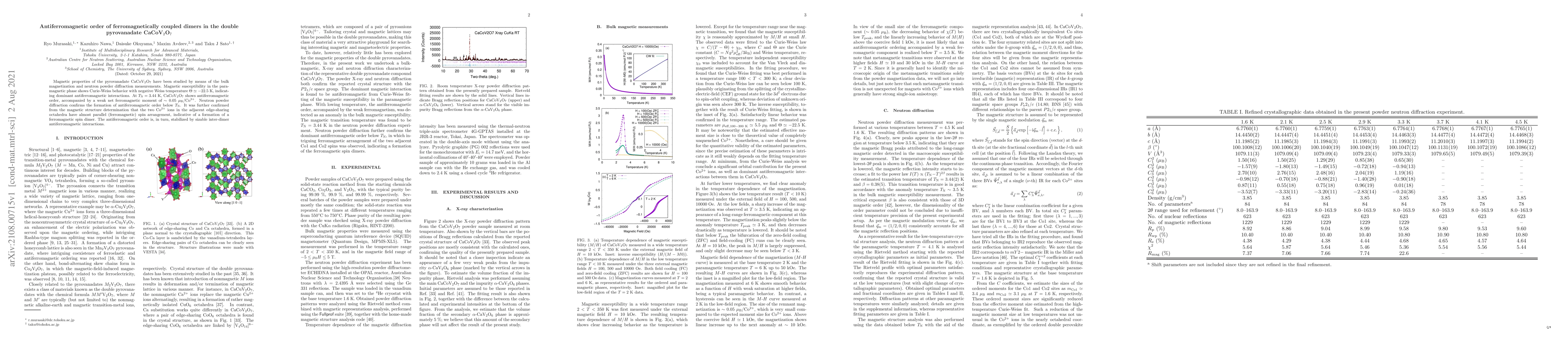 Thumbnail for Antiferromagnetic order of ferromagnetically coupled dimers in the
  double pyrovanadate CaCoV$_2$O$_7$
