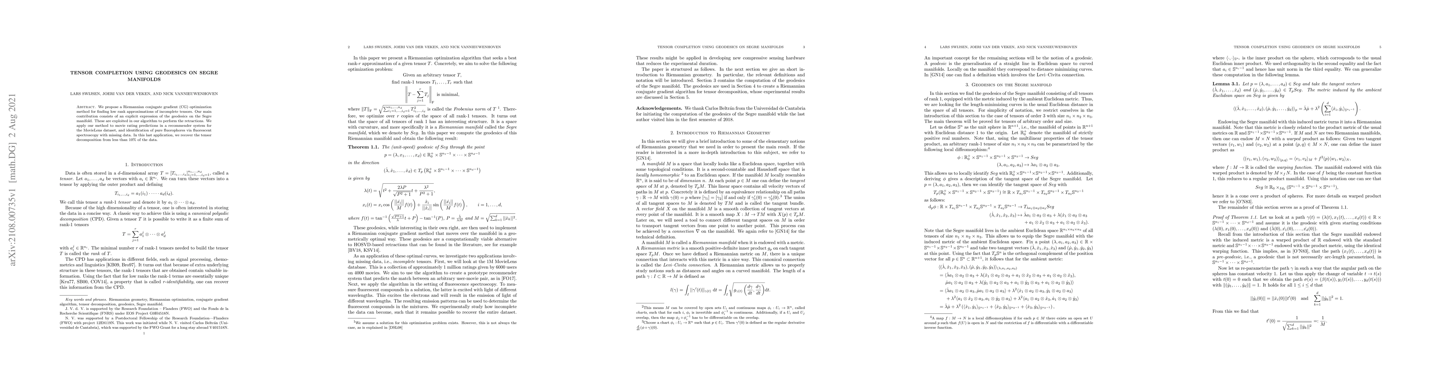 Thumbnail for Tensor completion using geodesics on Segre manifolds