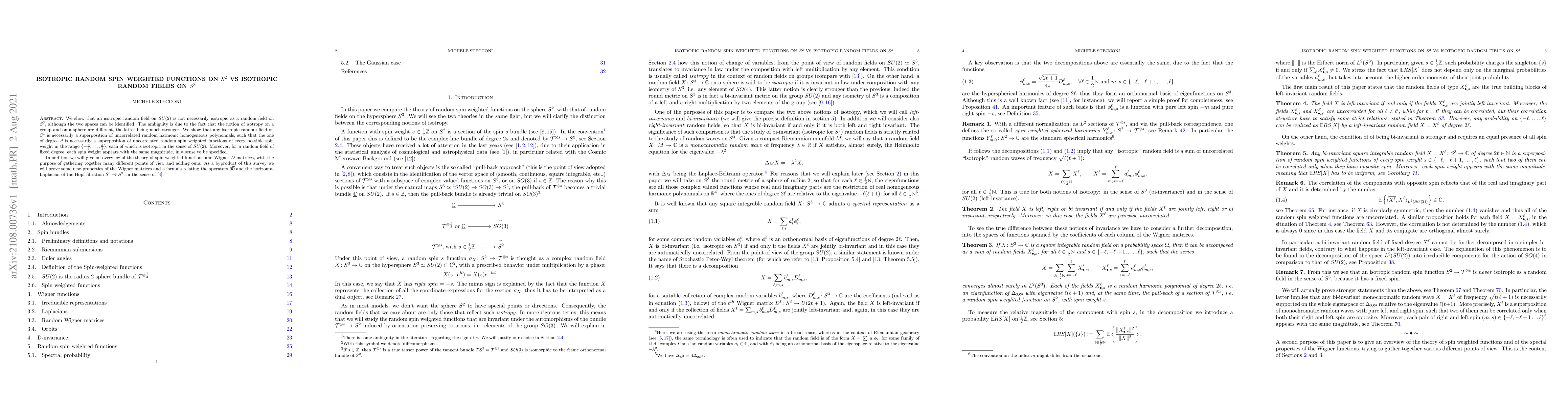 Thumbnail for Isotropic random spin weighted functions on $S^2$ vs isotropic random
  fields on $S^3$