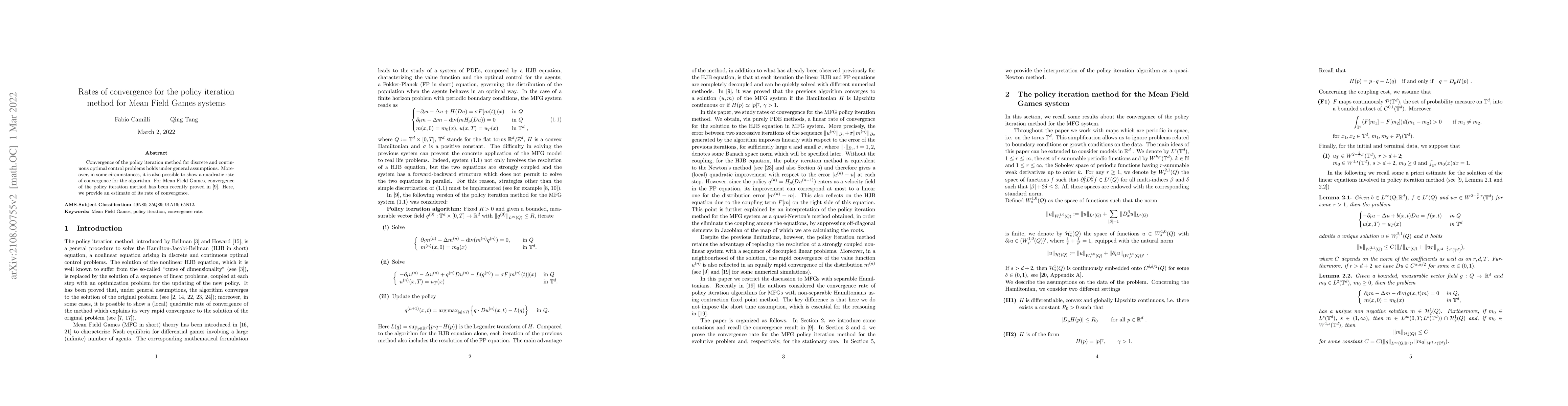 Thumbnail for Rates of convergence for the policy iteration method for Mean Field
  Games systems
