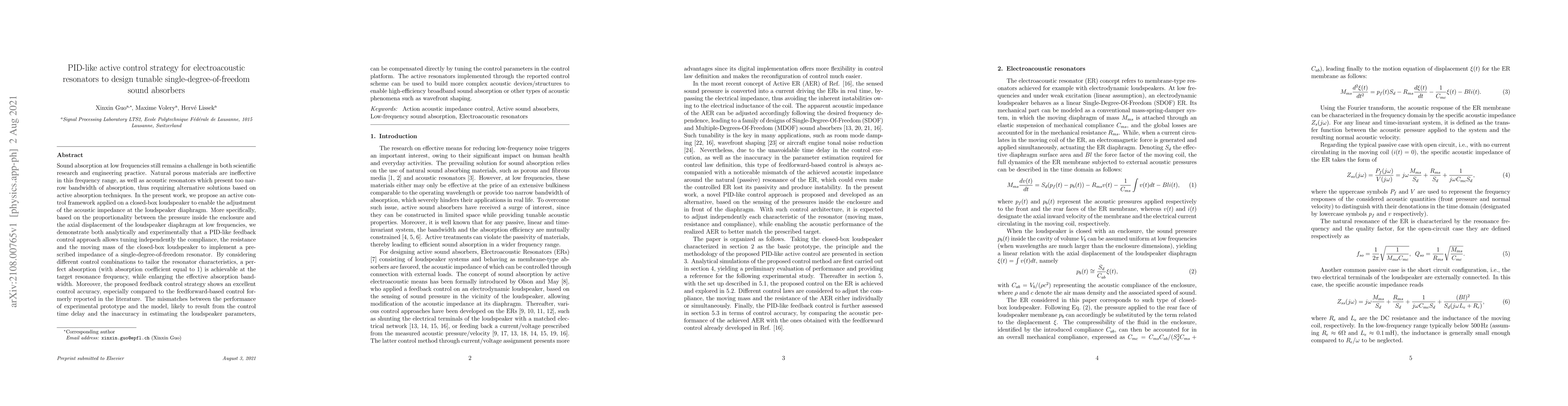 Thumbnail for PID-like active control strategy for electroacoustic resonators to
  design tunable single-degree-of-freedom sound absorbers
