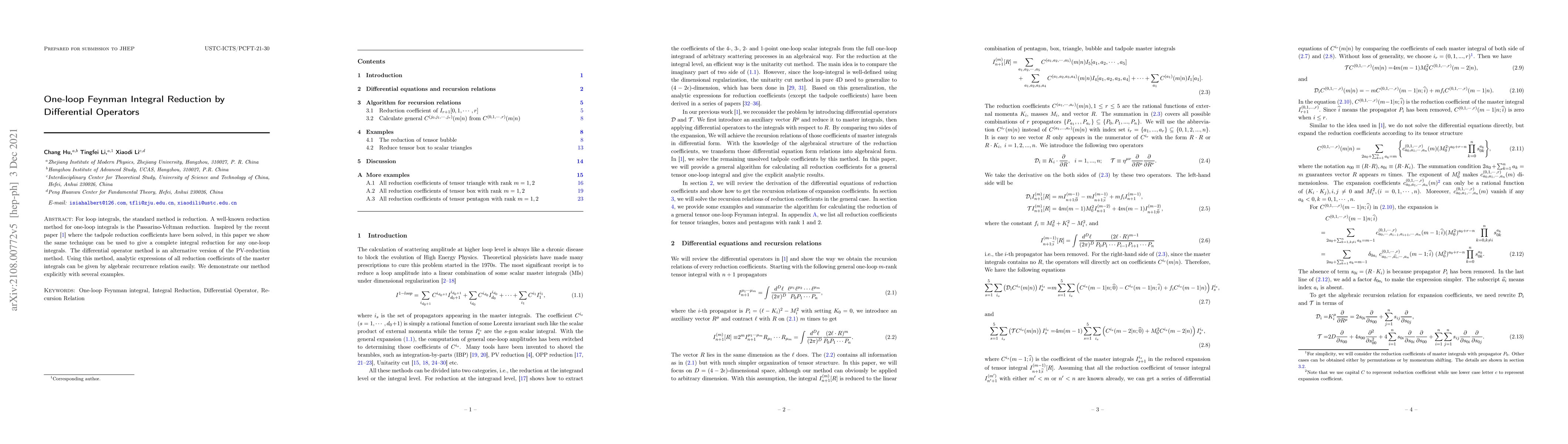 Thumbnail for One-loop Feynman Integral Reduction by Differential Operators