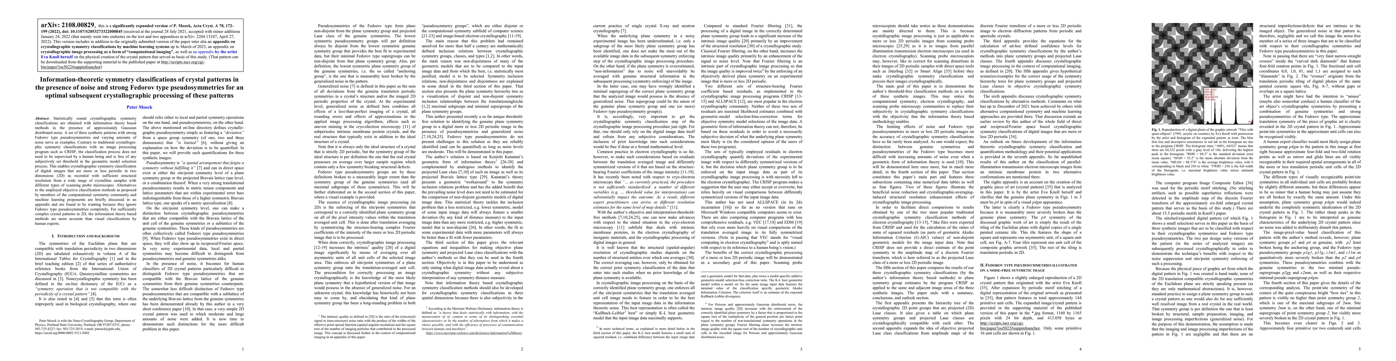 Thumbnail for Information-theoretic symmetry classifications of crystal patterns in
  the presence of noise and strong Fedorov type pseudosymmetries for an optimal
  subsequent crystallographic processing of these patterns