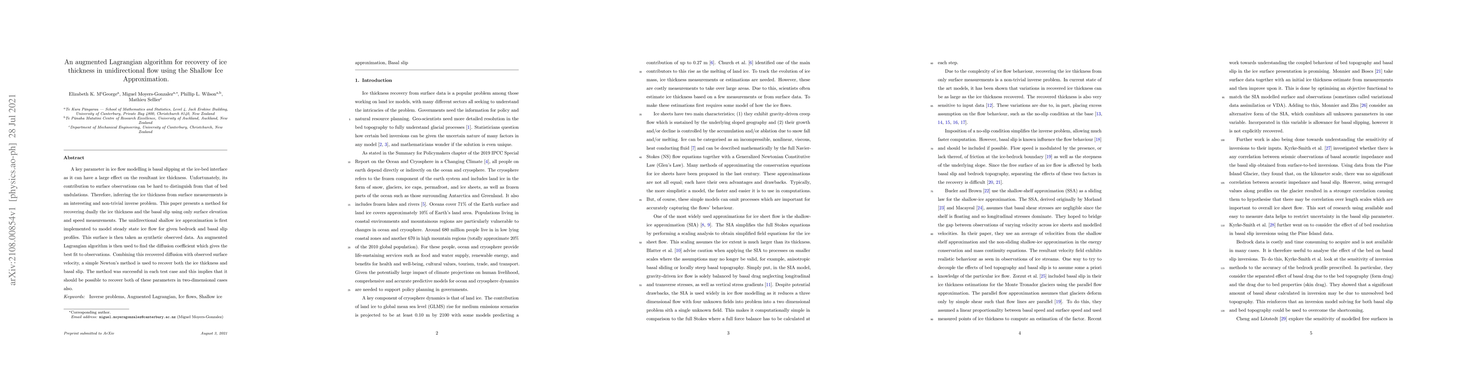 Thumbnail for An augmented Lagrangian algorithm for recovery of ice thickness in
  unidirectional flow using the Shallow Ice Approximation