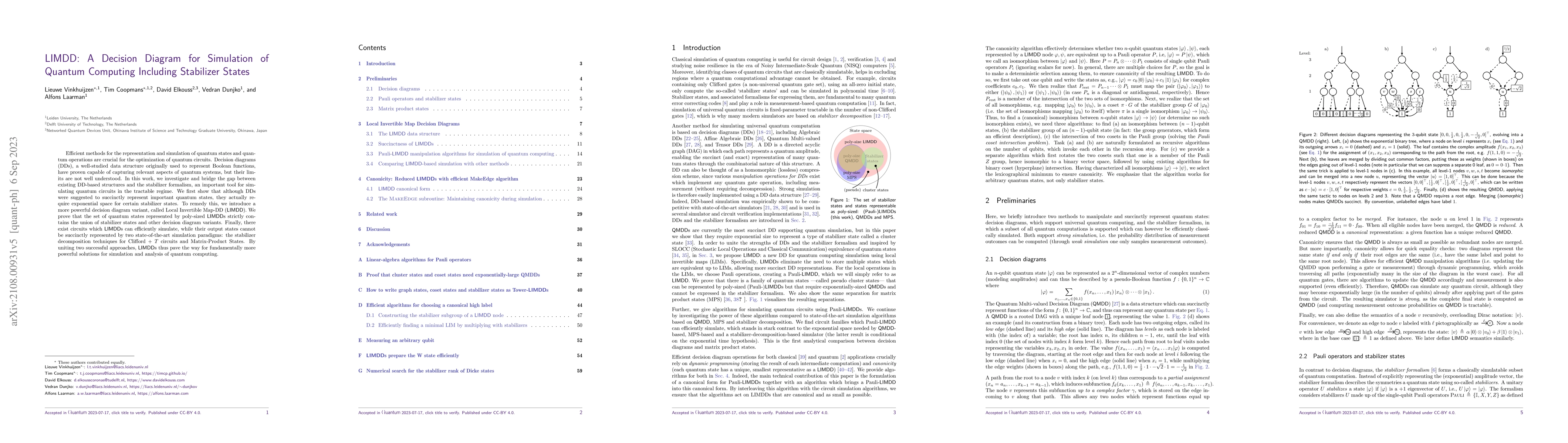 Thumbnail for LIMDD: A Decision Diagram for Simulation of Quantum Computing Including
  Stabilizer States