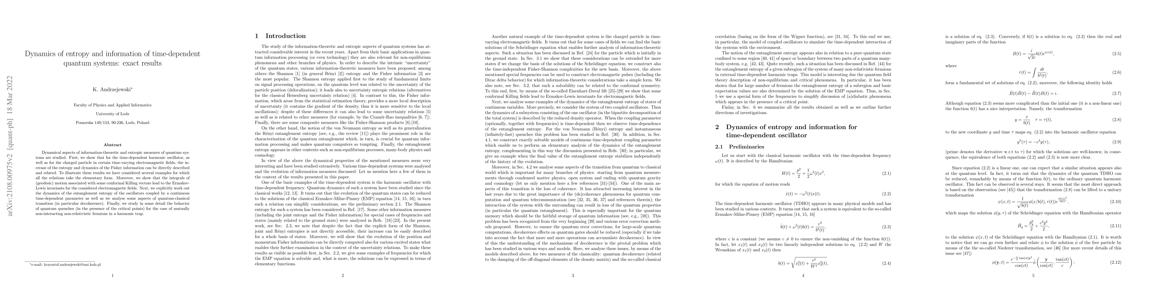 Thumbnail for Dynamics of entropy and information of time-dependent quantum systems:
  exact results