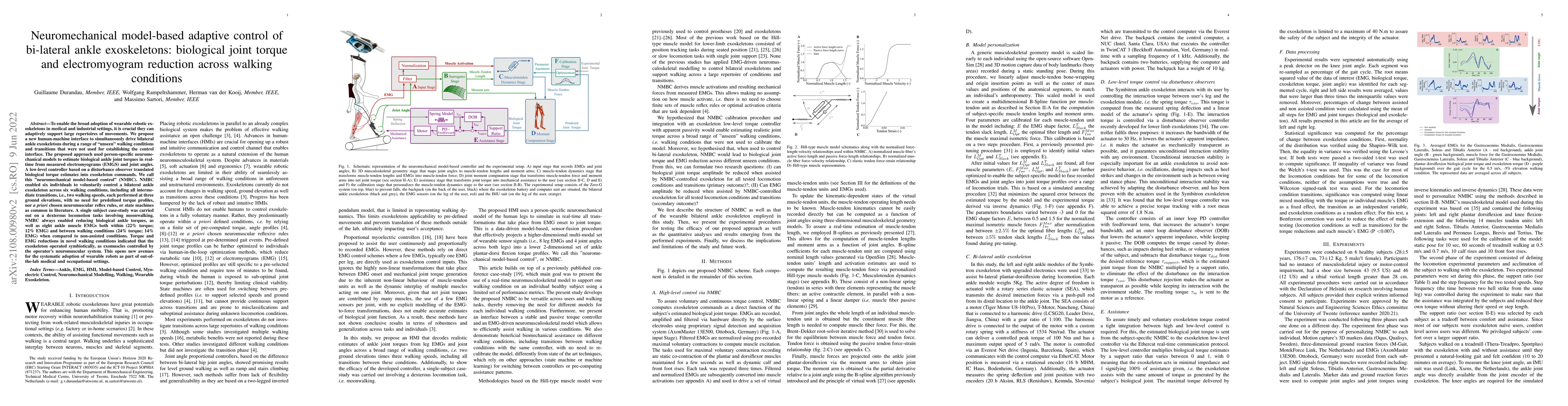 Thumbnail for Neuromechanical model-based adaptive control of bi-lateral ankle
  exoskeletons: biological joint torque and electromyogram reduction across
  walking conditions