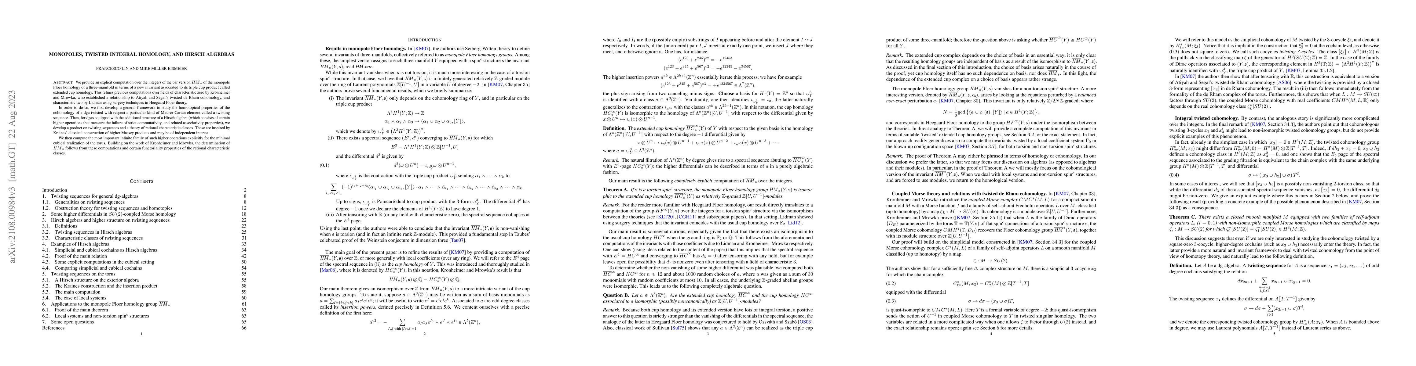 Thumbnail for Monopoles, twisted integral homology, and Hirsch algebras