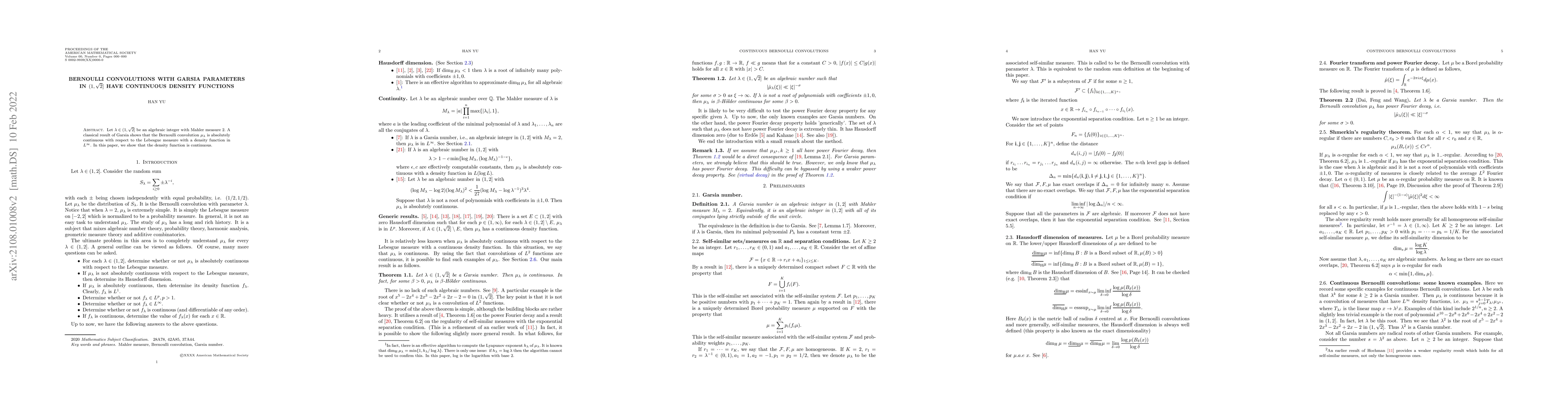 Thumbnail for Bernoulli convolutions with Garsia parameters in $(1,\sqrt{2}]$ have
  continuous density functions
