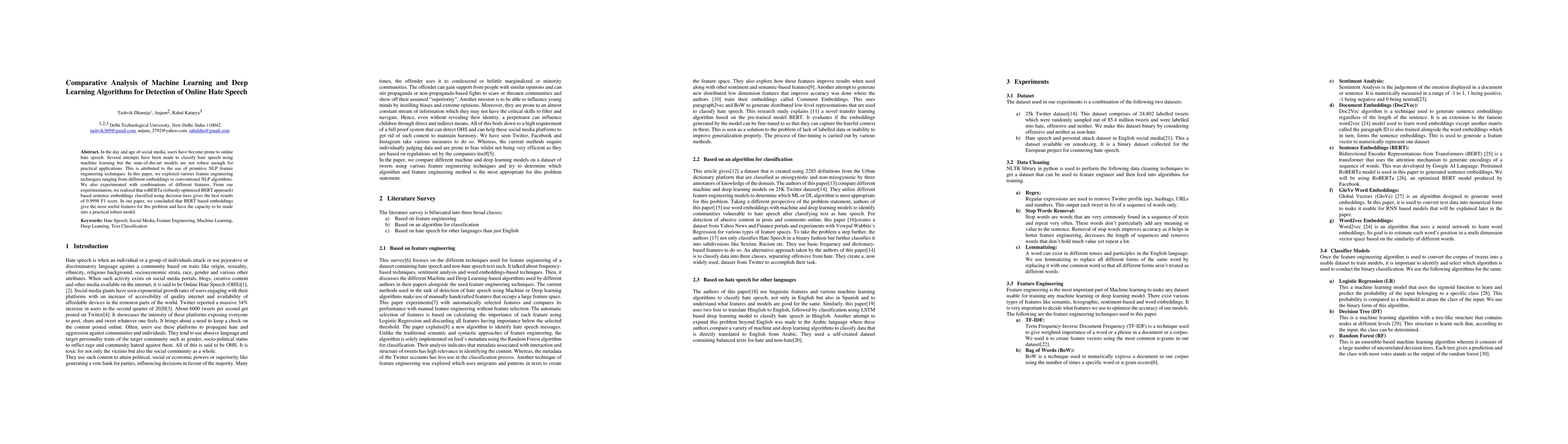 Thumbnail for Comparative Analysis of Machine Learning and Deep Learning Algorithms
  for Detection of Online Hate Speech