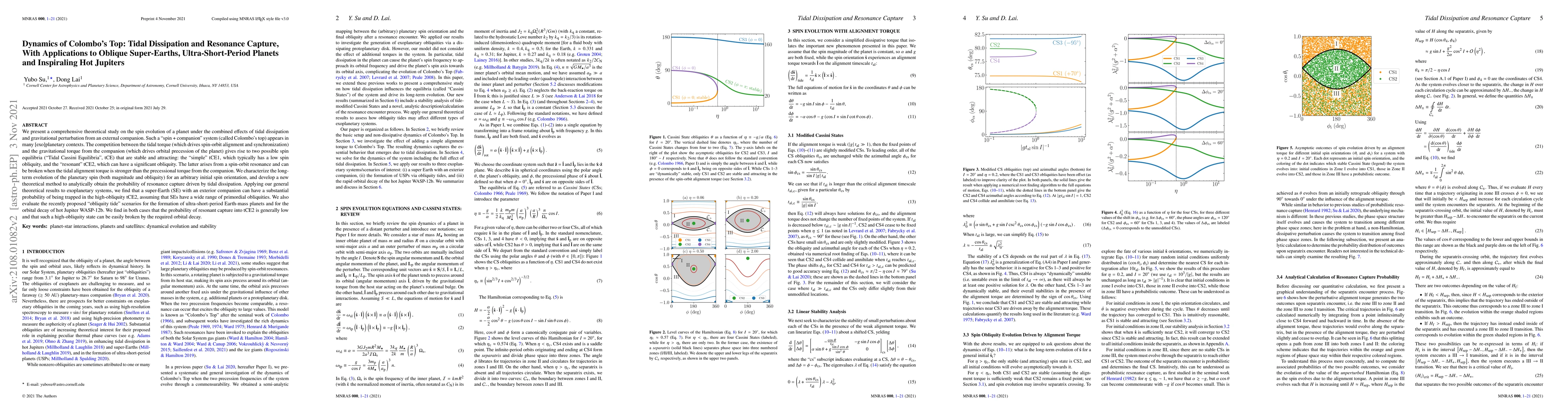 Thumbnail for Dynamics of Colombo's Top: Tidal Dissipation and Resonance Capture, With
  Applications to Oblique Super-Earths, Ultra-Short-Period Planets and
  Inspiraling Hot Jupiters