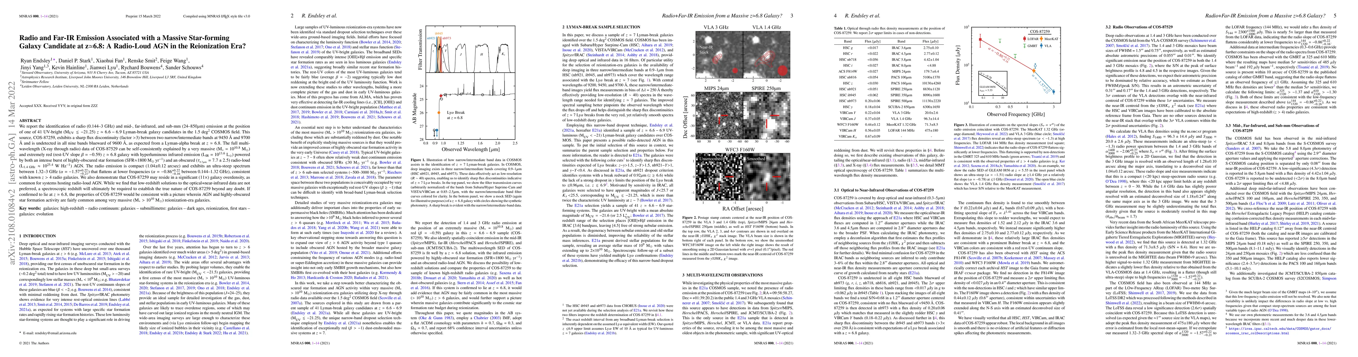 Thumbnail for Radio and Far-IR Emission Associated with a Massive Star-forming Galaxy
  Candidate at z$\simeq$6.8: A Radio-Loud AGN in the Reionization Era?