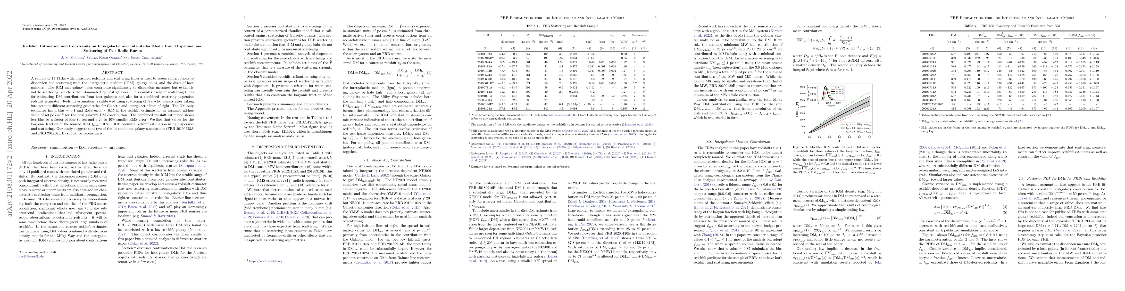 Thumbnail for Redshift Estimation and Constraints on Intergalactic and Interstellar
  Media from Dispersion and Scattering of Fast Radio Bursts