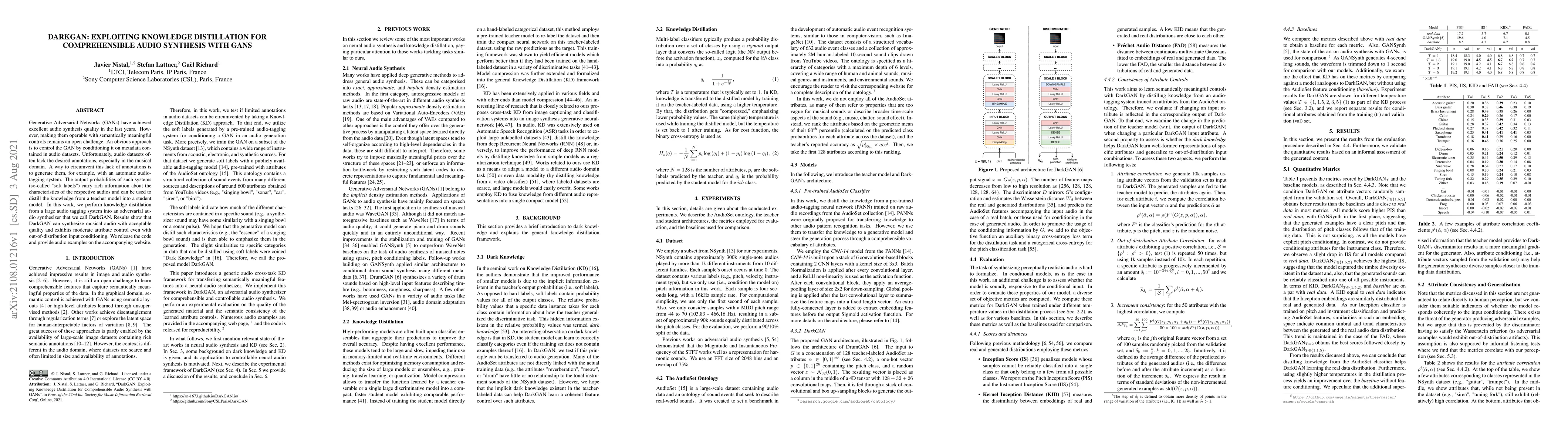 Thumbnail for DarkGAN: Exploiting Knowledge Distillation for Comprehensible Audio
  Synthesis with GANs