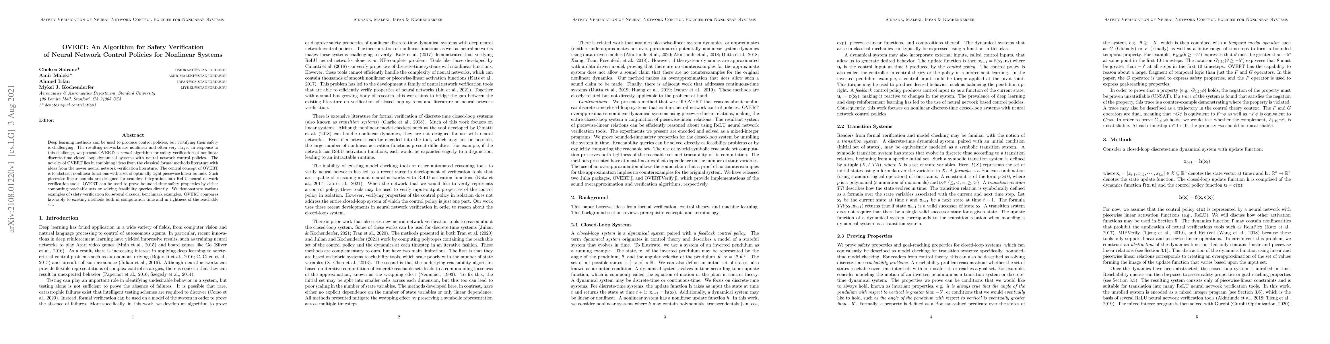 Thumbnail for OVERT: An Algorithm for Safety Verification of Neural Network Control
  Policies for Nonlinear Systems