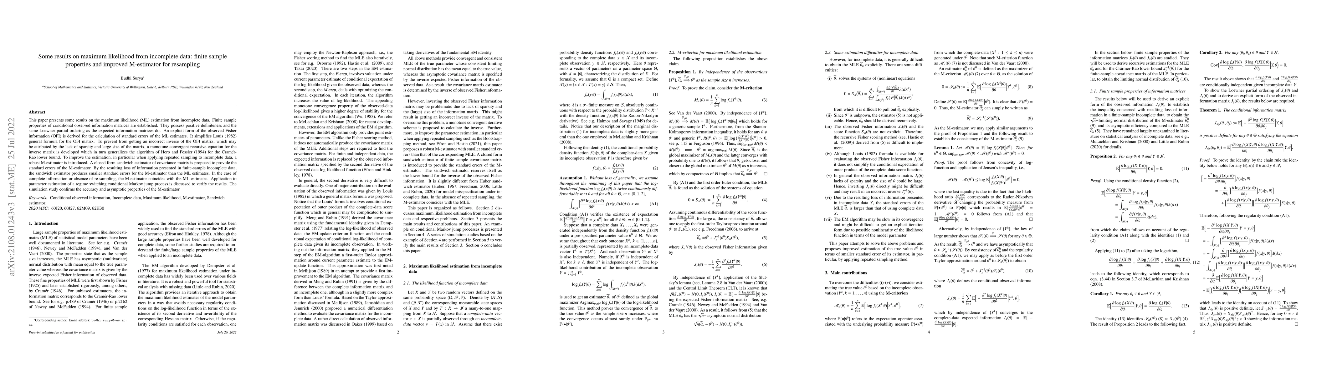 Thumbnail for Some results on maximum likelihood from incomplete data: finite sample
  properties and improved M-estimator for resampling