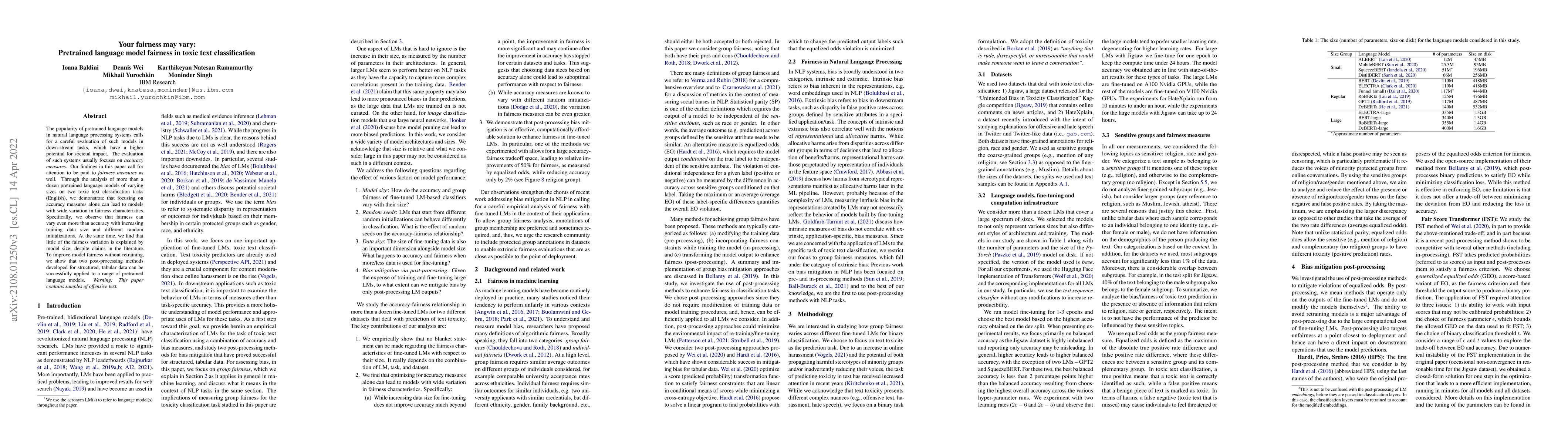 Thumbnail for Your fairness may vary: Pretrained language model fairness in toxic text
  classification