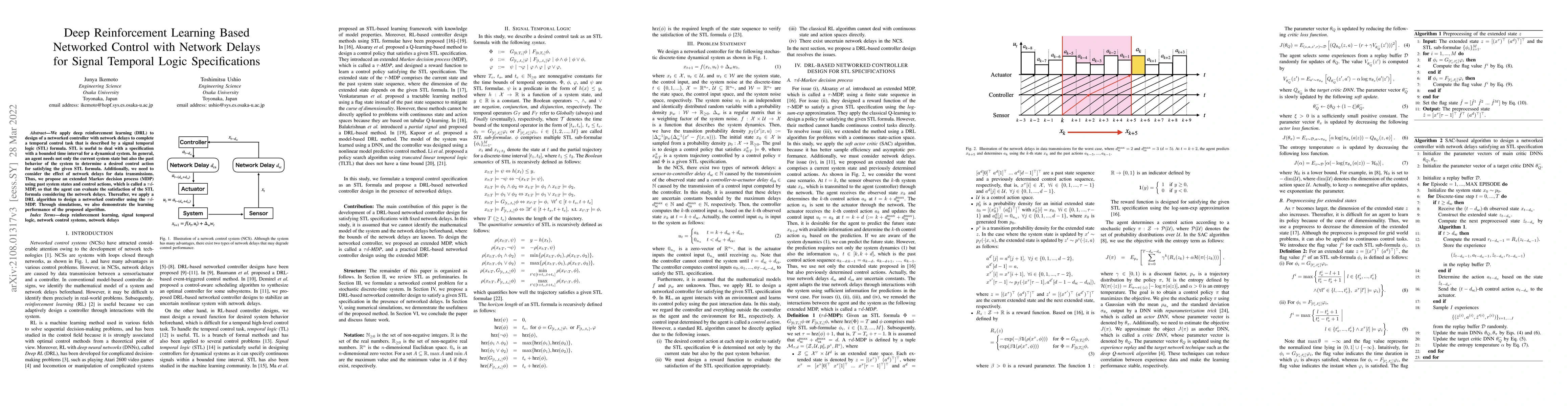 Thumbnail for Deep Reinforcement Learning Based Networked Control with Network Delays
  for Signal Temporal Logic Specifications