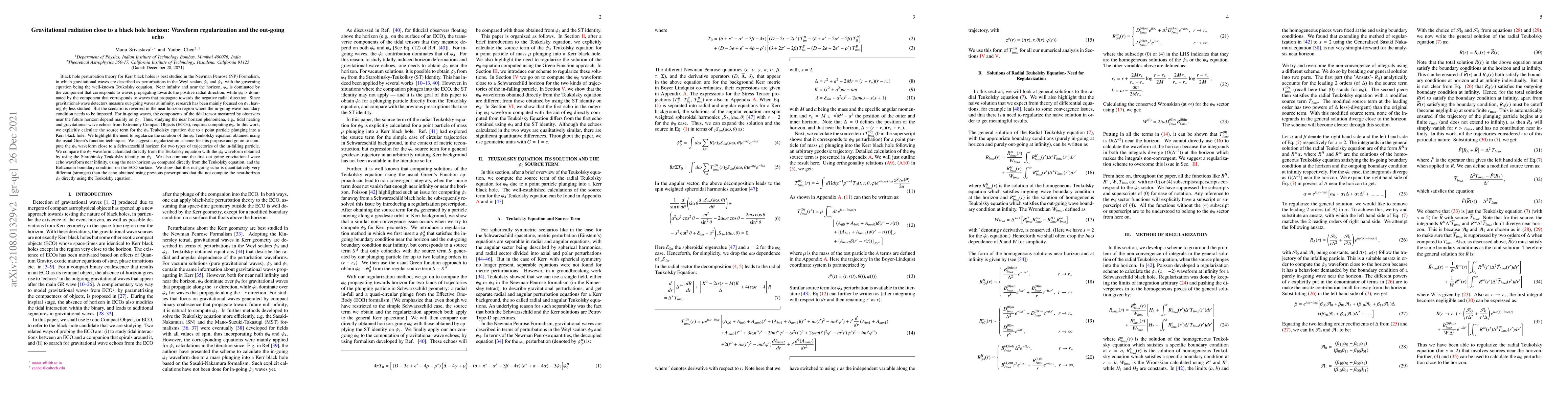 Thumbnail for Gravitational radiation close to a black hole horizon: Waveform
  regularization and the out-going echo